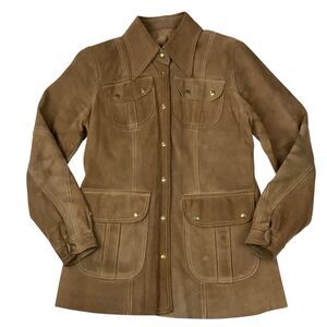 Vintage Tan Suede Blazer Jacket Women XS S  Boho Western Safari Coat Snap Button